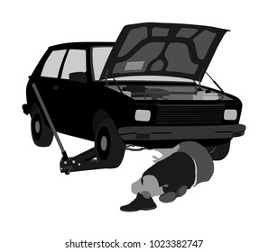 Car repair services mechanic on the road vector illustration. Problem with car with open hood. Mechanic lying and working under car at the repair garage. Broken car on the road. Man fixed problem.