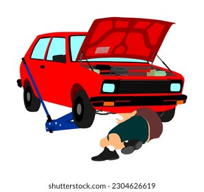 Car repair services mechanic on the road vector illustration isolated. Problem with car with open hood. Mechanic lying and working under car in repair garage. Broken car on road. Man fixed problem.