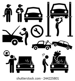 Car Repair Services Workshop Mechanic Stick Figure Pictogram Icons