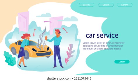 Car repair services and workshop online application interface or web banner template with cartoon people characters. Vehicle workshop, auto evacuator and help on road. Flat vector illustration.