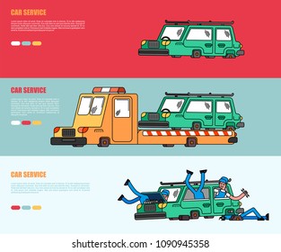 Car repair set banner. Car service. Mechanic at work. automobile broke down. Tow truck. Wrecker Evacuates auto. Help on road.  