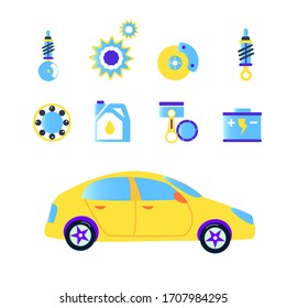 Car repair set icons in flat funny style. Vector graphic illustration