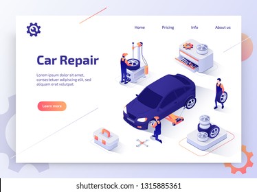 Car Repair Shop, Auto Dealer Diagnostic Service Isometric Vector Web Banner. Team of Mechanics Working in Garage, Repairing, Replacing Car Tires Illustration. Automobile Spare Parts Store Landing Page