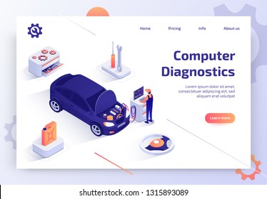 Car Repair Shop, Auto Dealer Service, Vehicle Maintenance Station Isometric Vector Web Banner with Qualified Automotive Technician Making Computer Diagnostics of Automobile Engine Systems Illustration