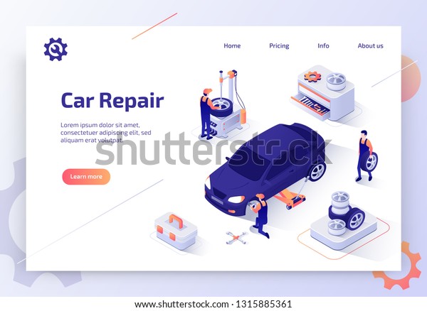 Car Repair Shop, Auto Dealer Diagnostic Service\
Isometric Vector Web Banner. Team of Mechanics Working in Garage,\
Repairing, Replacing Car Tires Illustration. Automobile Spare Parts\
Store Landing Page