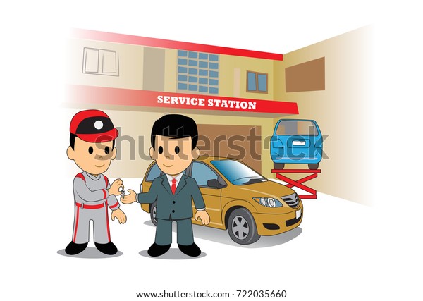Car repair\
shop.\
An auto mechanic handed the keys to the customer. The car\
has been repaired and ready for\
reuse.