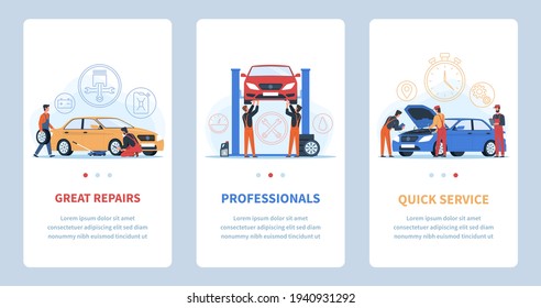 Car repair shop. Auto service app, technical maintenance vehicles collection, professionals eliminate problems, mechanics and engineers change automobile details and wheels. Vector banners