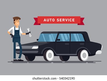 Car repair shop and auto service vector illustrations. Technical maintenance flat concept layout with mechanic character standing next to car lift, broken and ready to use repaired car