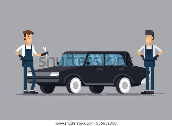 Car repair shop and auto service vector
illustrations. Technical maintenance flat concept layout with
mechanic character standing next to car lift, broken and ready to
use repaired car