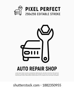 Car repair shop: auto with wrench. Car service. Pixel perfect, editable stroke. Thin line icon. Vector illustration.