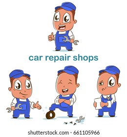 Car repair shop cartoon character vector set of auto car mechanics in different poses.