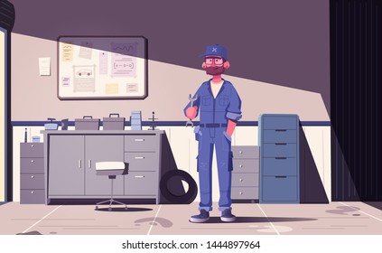 Car repair shop. Cartoon vector illustration. Garage indoor. Mechanic character design. Male happy engineer. Auto service. Service concept