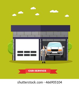 Car repair shop concept vector illustration in flat style. Auto mechanic with car repair equipment and tools. Garage service.