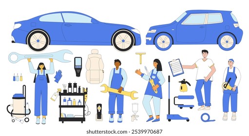 Car repair shop elements set. Vector flat outline illustration collection of isolated vehicle, repair tools and workers.