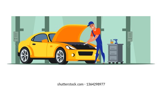 Car Repair Shop Flat Illustration. Auto Mechanic Vector Character Repairing Engine. Cartoon Handyman Working In Garage. Man With Wrench Checking Vehicle. Automobile Service, Workshop