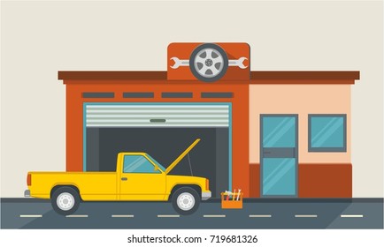 Car in a car repair shop. Flat vector illustration.