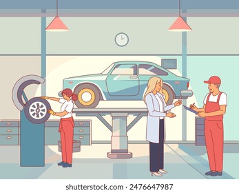 Car repair shop. Mechanics inspect client personal transport, employees in uniform, changing tires in garage, auto service, woman in workshop, automobile diagnostic vector cartoon flat concept