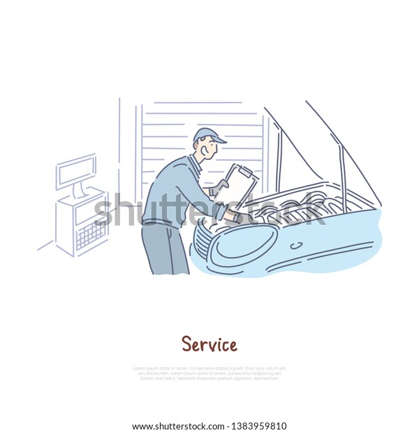 Car repair\
shop, repairman service, handyman checking automobile engine,\
workshop auto mechanic banner\
template