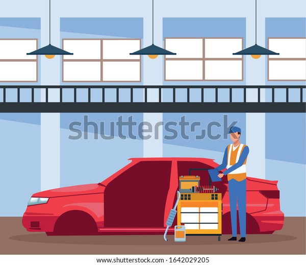 car repair\
shop scenery with car body and mechanic standing with tools\
trolley, colorful design, vector\
illustration
