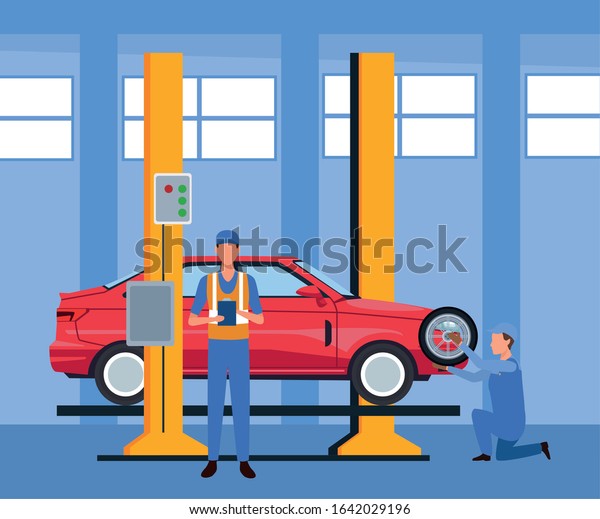 car repair shop scenery with\
lifted car and mechanics working, colorful design, vector\
illustration