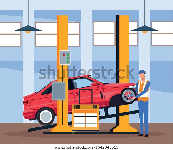 car repair\
shop scenery with lifted car and mechanic working with car tire,\
colorful design, vector\
illustration