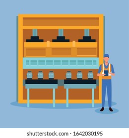 car repair shop scenery with machine with car parts and mechanic standing, colorful design, vector illustration