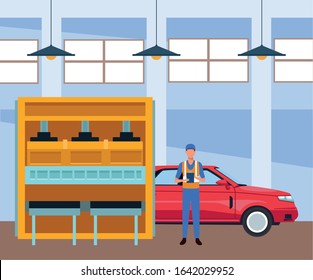 car repair shop scenery with mechanic, machine and red car ,colorful design, vector illustration