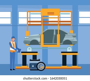 car repair shop scenery with mechanic standing and machine with car lifted and car parts, colorful design, vector illustration