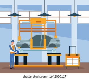 car repair shop scenery with mechanic working with car lifted, colorful design, vector illustration