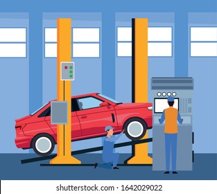 car repair shop scenery with mechanics working on the machine and lifted car, colorful design, vector illustration