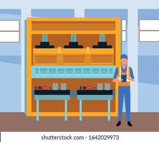 car repair shop scenery with car parts and mechanic standing , colorful design, vector illustration