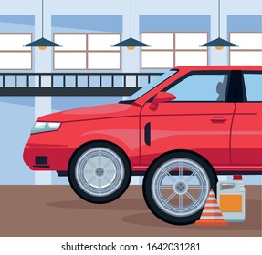 car repair shop scenery with red car and traffic cone and oil bottle, colorful design, vector illustration