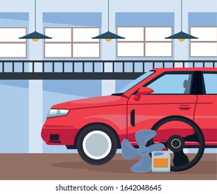 car repair shop scenery with red car and related icons, colorful design, vector illustration