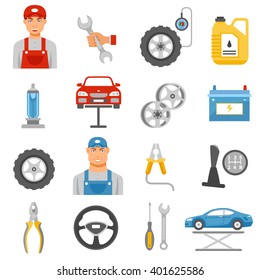 Car repair shop tools and accessories and auto service mechanic flat icons set abstract isolated vector illustration