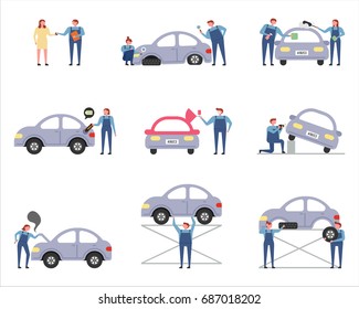 car repair shop works vector illustration flat design