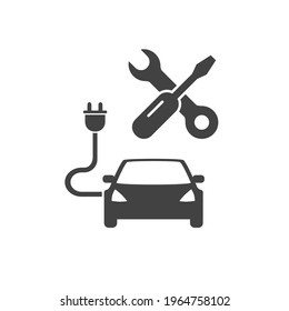 Car repair sign. Electric motor vehicle mechanic station. Hybrid automobile troubleshooting assistance. Emergency help. App icon. Flat color vector illustration. Black and white.