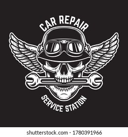 Car repair. Skull in winged helmet with wrench in teeth. Design element for logo, label, sign, t shirt. Vector illustration 