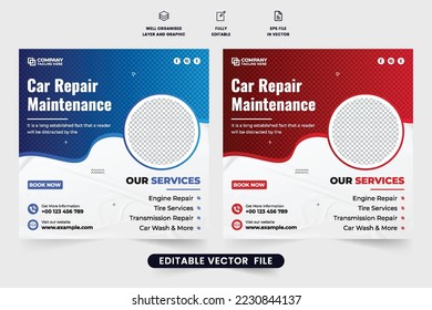 Car repair social media post vector for business promotion. Car maintenance service promotional web banner design with photo placeholders. Vehicle cleaning service template for social media marketing.