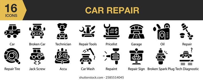 Car Repair solid icon set. Includes service, repair, vehicle, car, garage, and More. Solid icons vector collection.