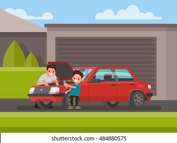 Car repair. Son helps his father to repair the car. Vector illustration of a flat design