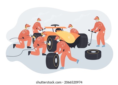 Car repair at sport races by professional team of mechanics. Racer and technicians in uniform repairing car on pit stop flat vector illustration. Maintenance service during competition concept