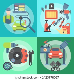 Car repair station concept mechanic vehicle auto garage service vector illustration. Transportation technician mechanical inspection engine shop.