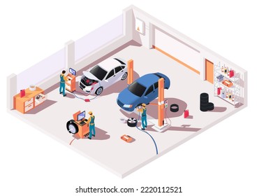 Car repair station with mechanics workers. Isometric view interior of maintenance auto service center, garage with cars testing, lifted vehicle changing tires and balansing wheel. Vector illustration