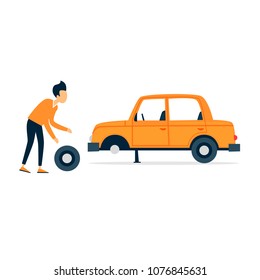 Car repair, tire fitting, oil change, breakage. Flat style vector illustration.