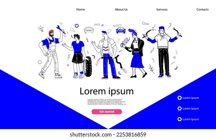 Car repair and tire fitting, technical roadside and emergency assistance, vector illustration for website or landing page. Website banner template for car service and repair shop.