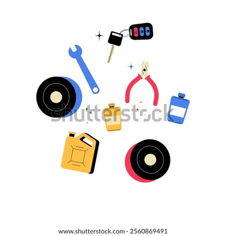 Car Repair Tools And Fluids In Flat Vector Illustration Symbolizing Automotive Maintenance, Equipment, And Repair Essentials, Isolated On White Background