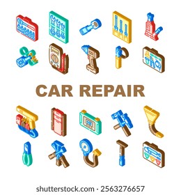 car repair tools icons set vector. wrench socket, ratchet pliers, jack, lift screwdriver, multimeter, compressor torque car repair tools isometric sign illustrations