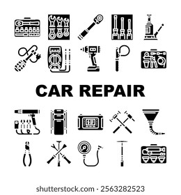 car repair tools icons set vector. wrench socket, ratchet pliers, jack, lift screwdriver, multimeter, compressor torque car repair tools glyph pictogram Illustrations