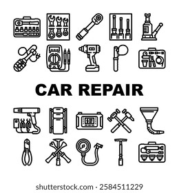 car repair tools icons set vector. wrench socket, ratchet pliers, jack, lift screwdriver, multimeter, compressor torque car repair tools black contour illustrations