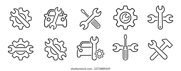 Iconos vectoriales de herramientas de reparación de automóviles: destornillador, llave, martillo, engranaje, vástago, perno en contorno negro. Servicio de automóvil y reparación de maquinaria y equipo icono conjunto de líneas de arte.